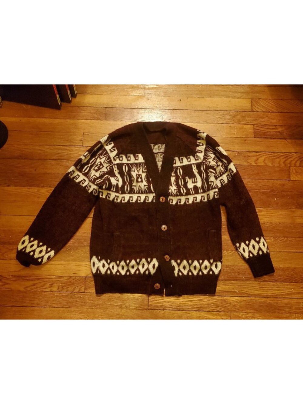 womens vintage burgundy handknit alpaca cardigan with wooden buttons